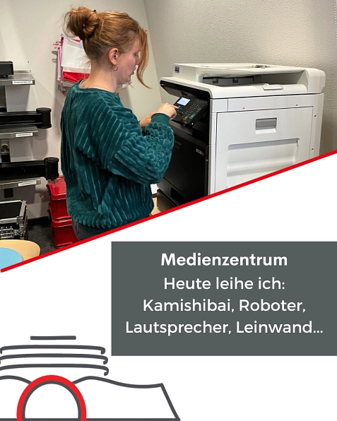 KMZ Legitimation.png Kollegin steht vor dem Scanner © Mediothek Stadt Diepholz